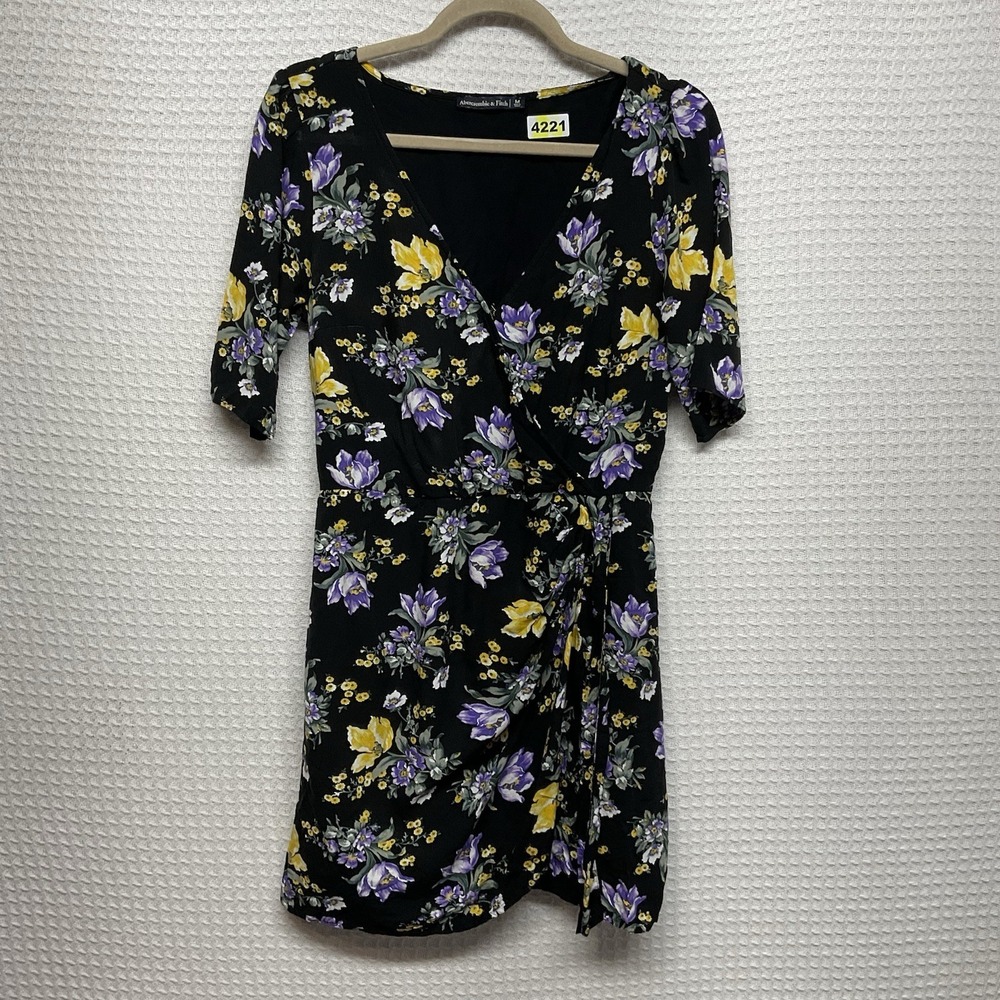 Vintage Abercrombie Fitch Dress M Short Sleeve Fit & Flare Faux Wrap Floral Y2K‎